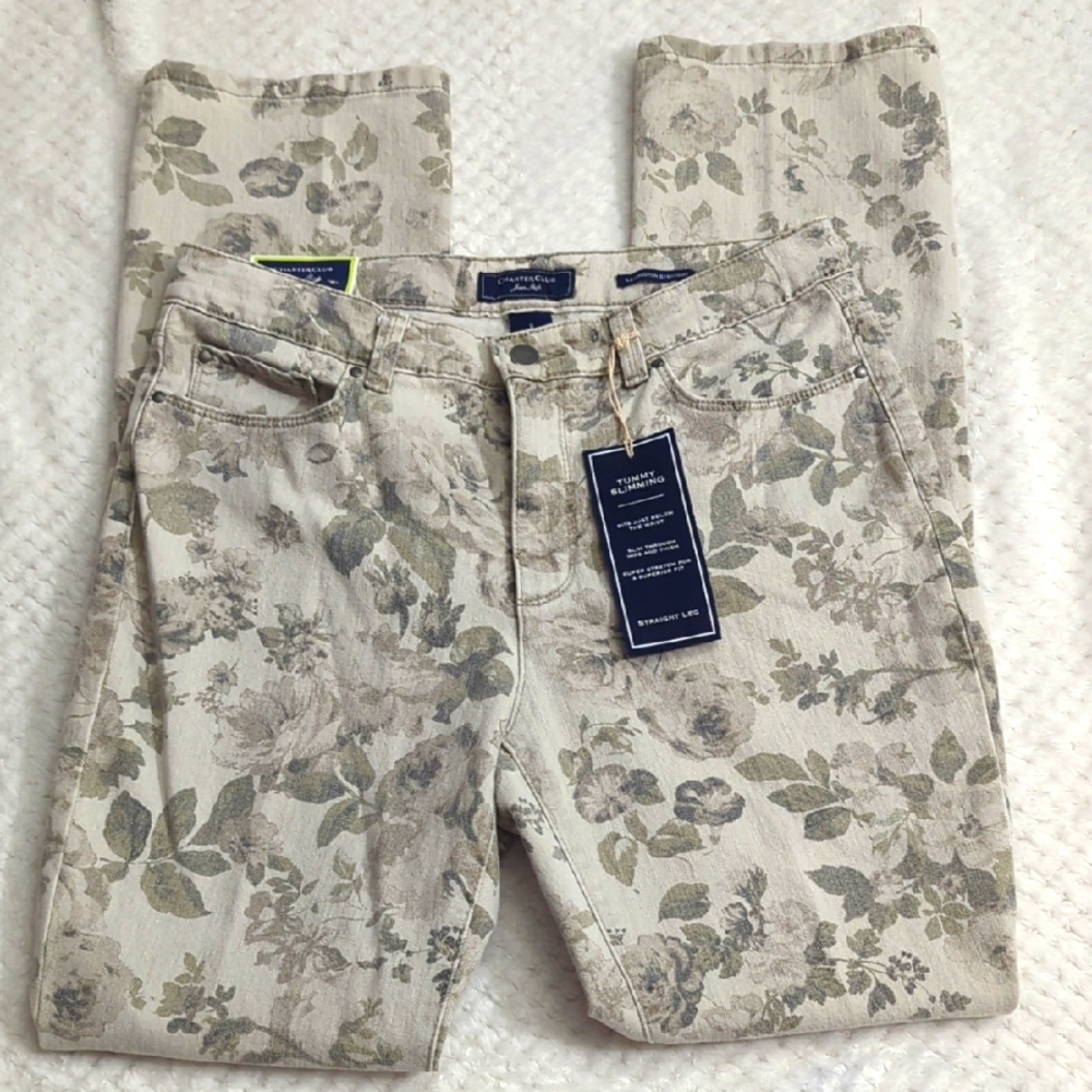 Charter Club Floral Straight Leg Jeans - Cream and Gray
